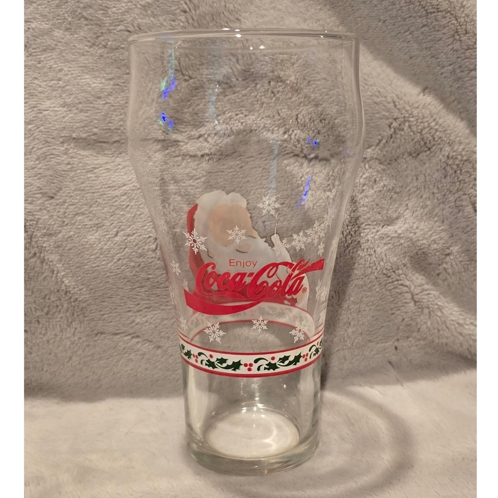 Coca Cola Santa Claus Christmas Glass Tumbler Snowflakes Holly‎ Berries
